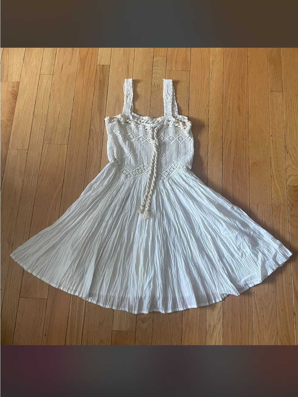 Vintage Y2K rare hand knit Free People white cotton crochet dress with braid tie